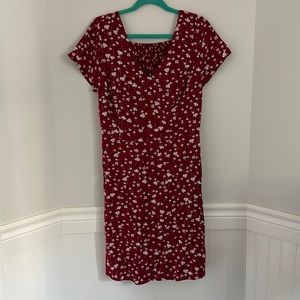 Red floral mid length dress with sleeve